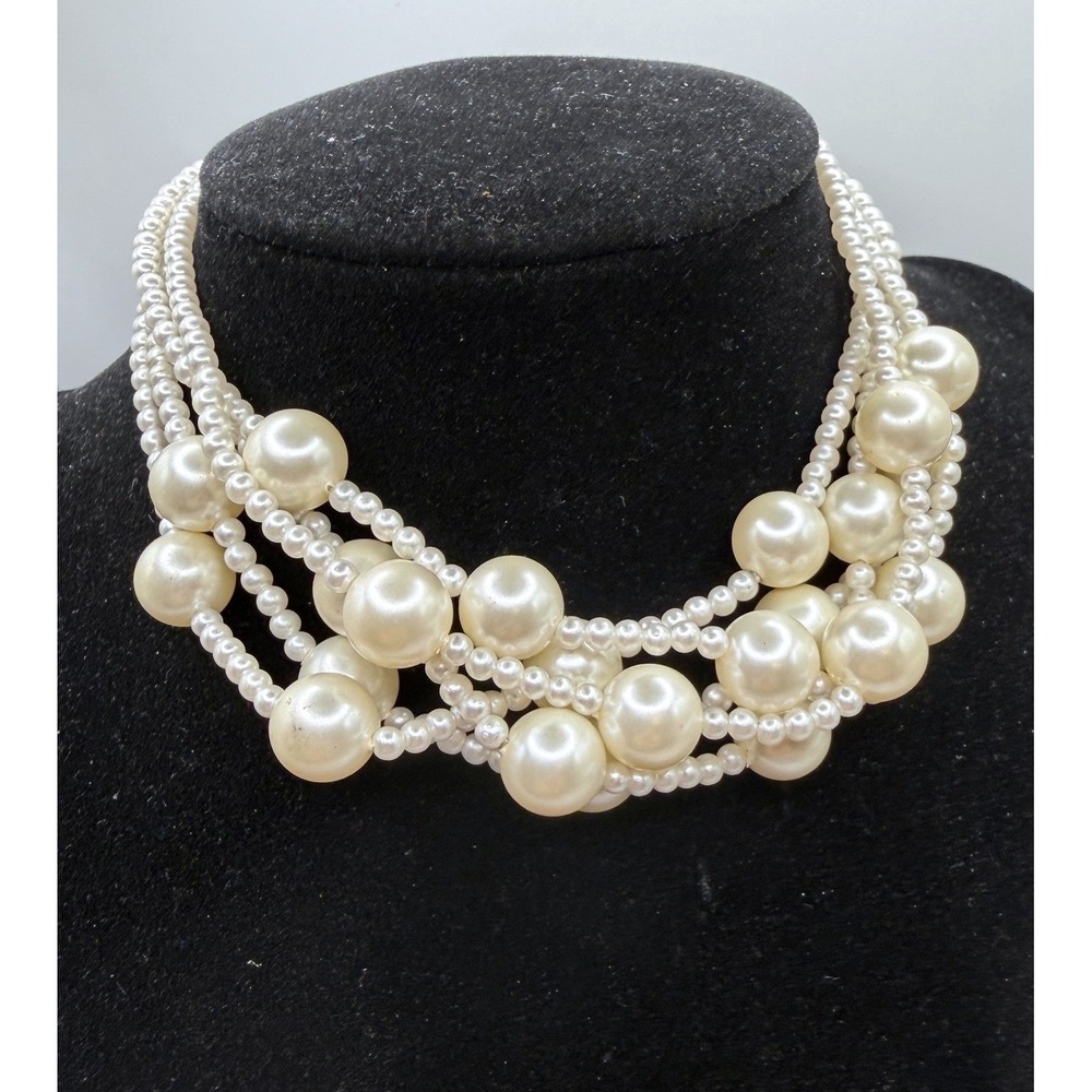 Vintage 5 Strand Pearl Statement Choker Necklace White Gold Clasp